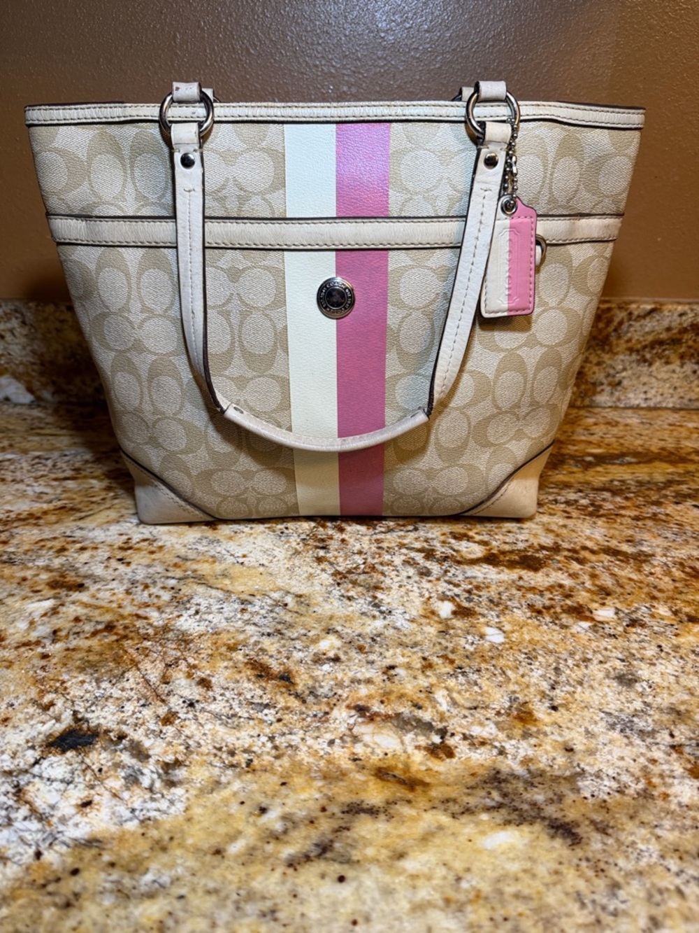 Coach Beige Signature Tote with Pink and Cream Center Stripe
